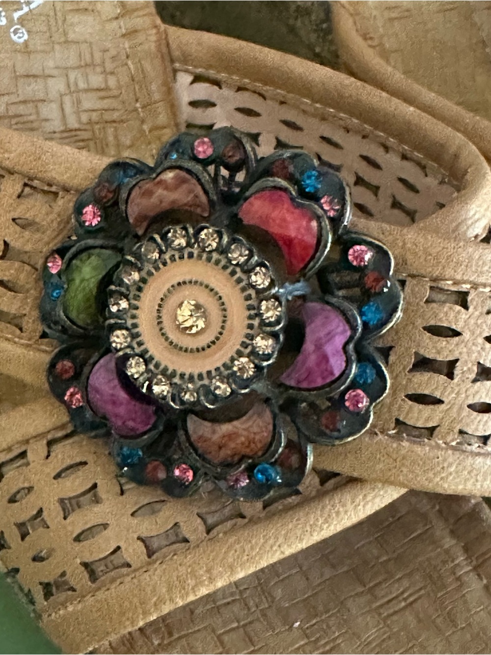Patrizia Spring Step Tan Floral Jewel Accent Slide Platform Wedge Sandal 38/7.5 - Picture 4 of 13